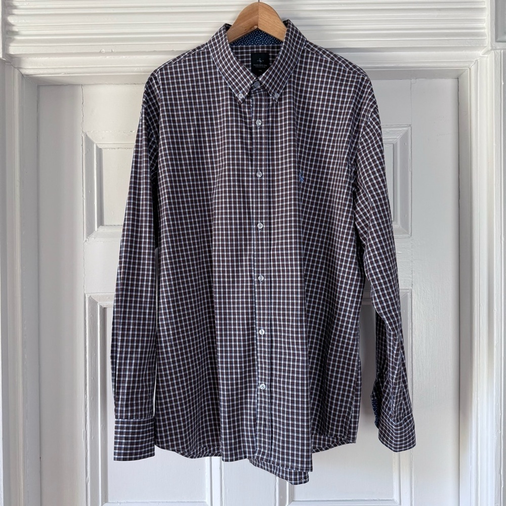 Tailorbyrd Men's Navy Blue Brown Checkered Plaid Shirt Contrast Collar Cuff XXL